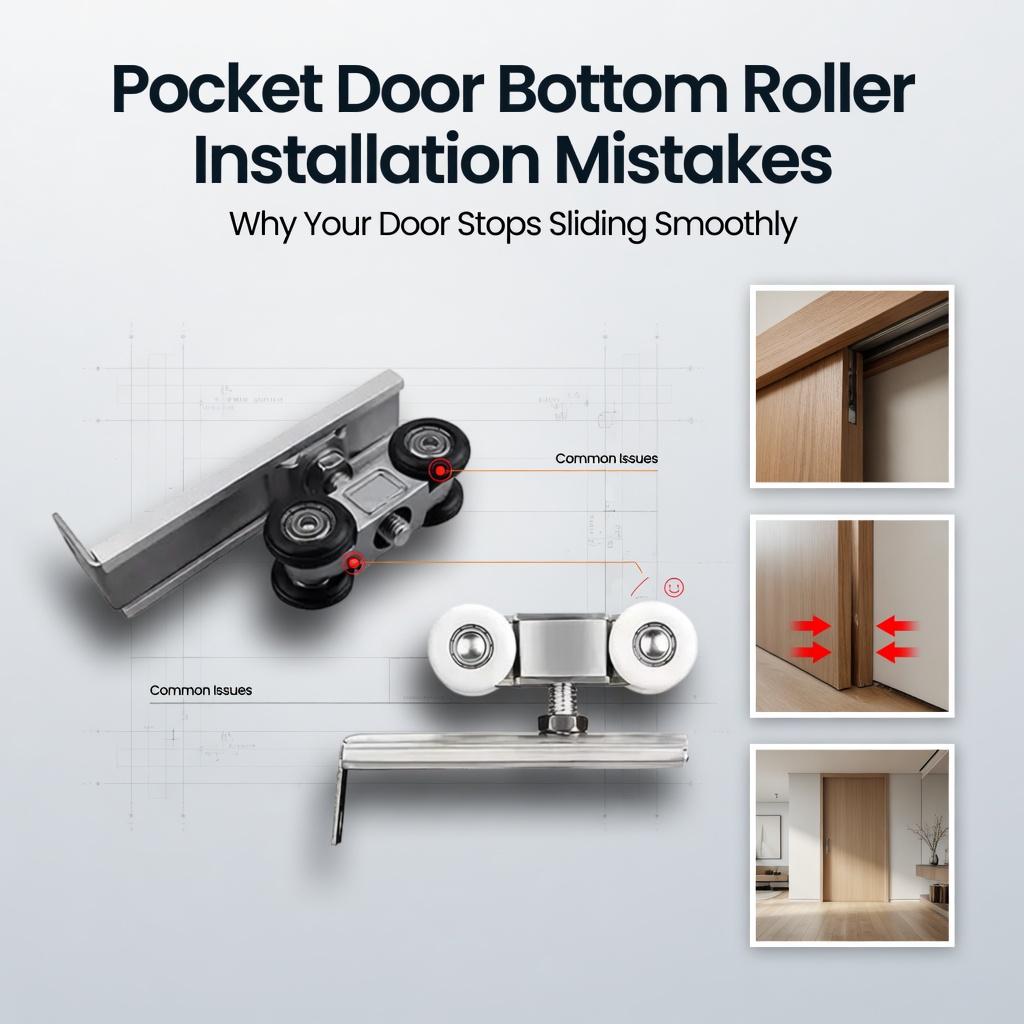 Technical guide graphic showing two styles of pocket door bottom rollers, marking common installation problem spots