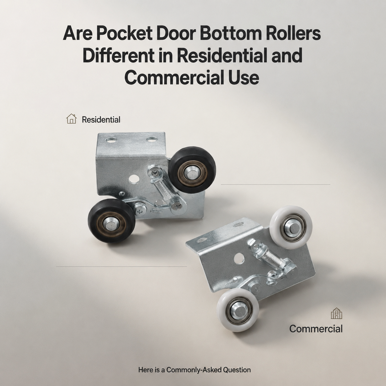 Side-by-side comparison of pocket door bottom rollers for residential and commercial use, showing metal hardware components with labeled differences in a clean, minimal layout.