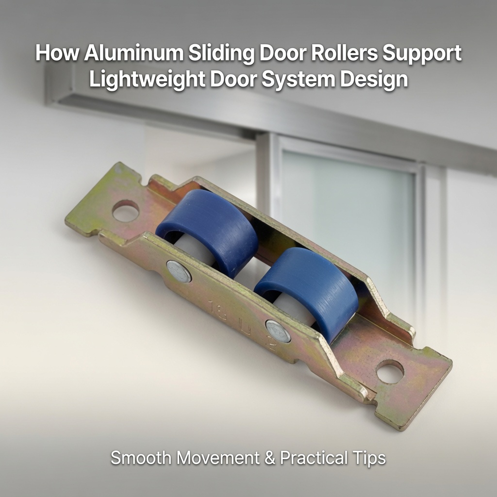 Galvanized aluminum sliding door roller with two blue plastic wheels, background of residential aluminum sliding door frame