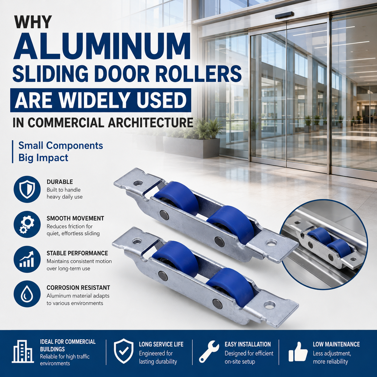  Aluminum sliding door rollers with blue wheels, highlighting durability, smooth movement, stable performance and corrosion resistance for commercial buildings