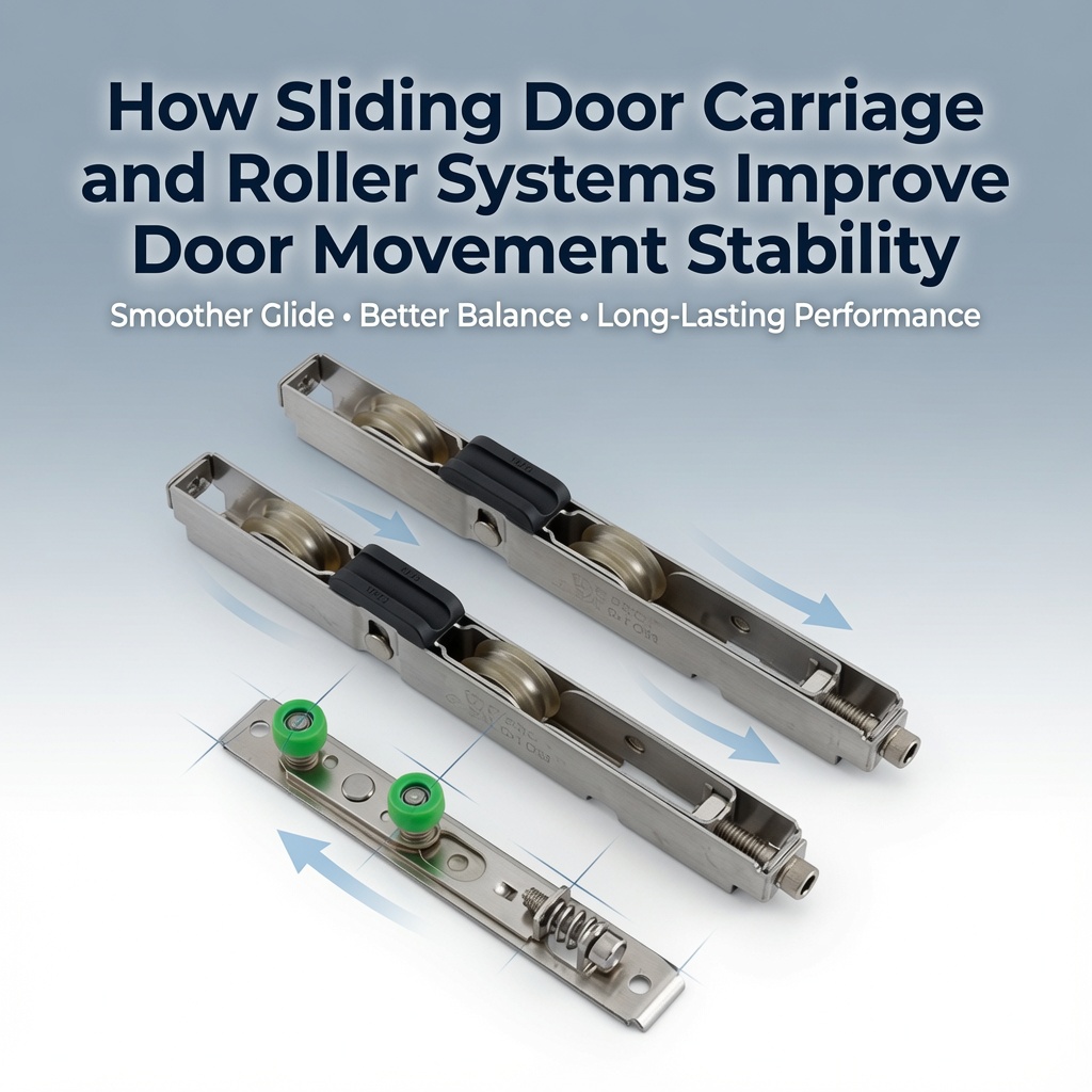 Sliding door carriage and roller systems with wheels showing how they help distribute load and provide stable, smooth gliding performance on the track