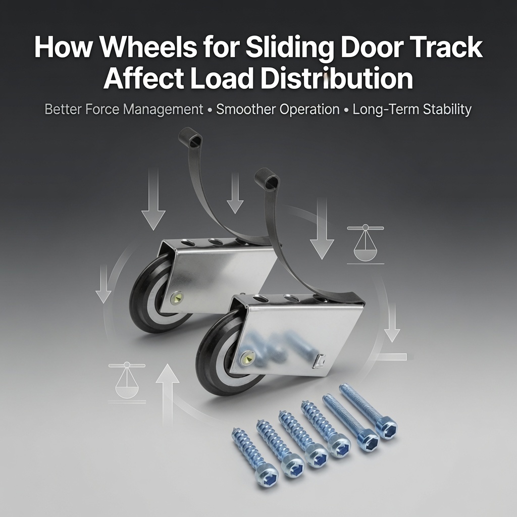 Diagram of sliding door track wheels showing how they handle downward force with balance indicators for even load distribution, along with the mounting screws needed for installation.