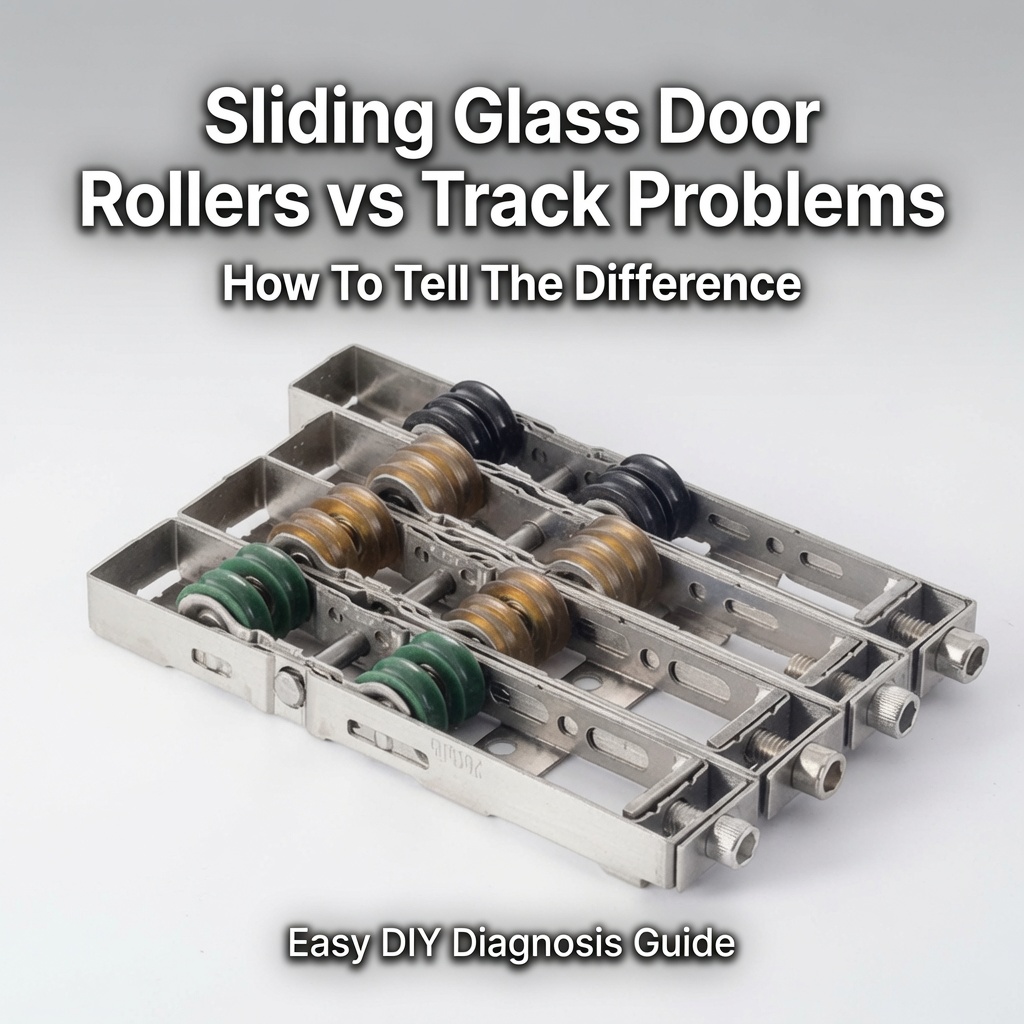 Close-up of sliding glass door rollers used to diagnose track problems and roller wear issues in an easy DIY guide