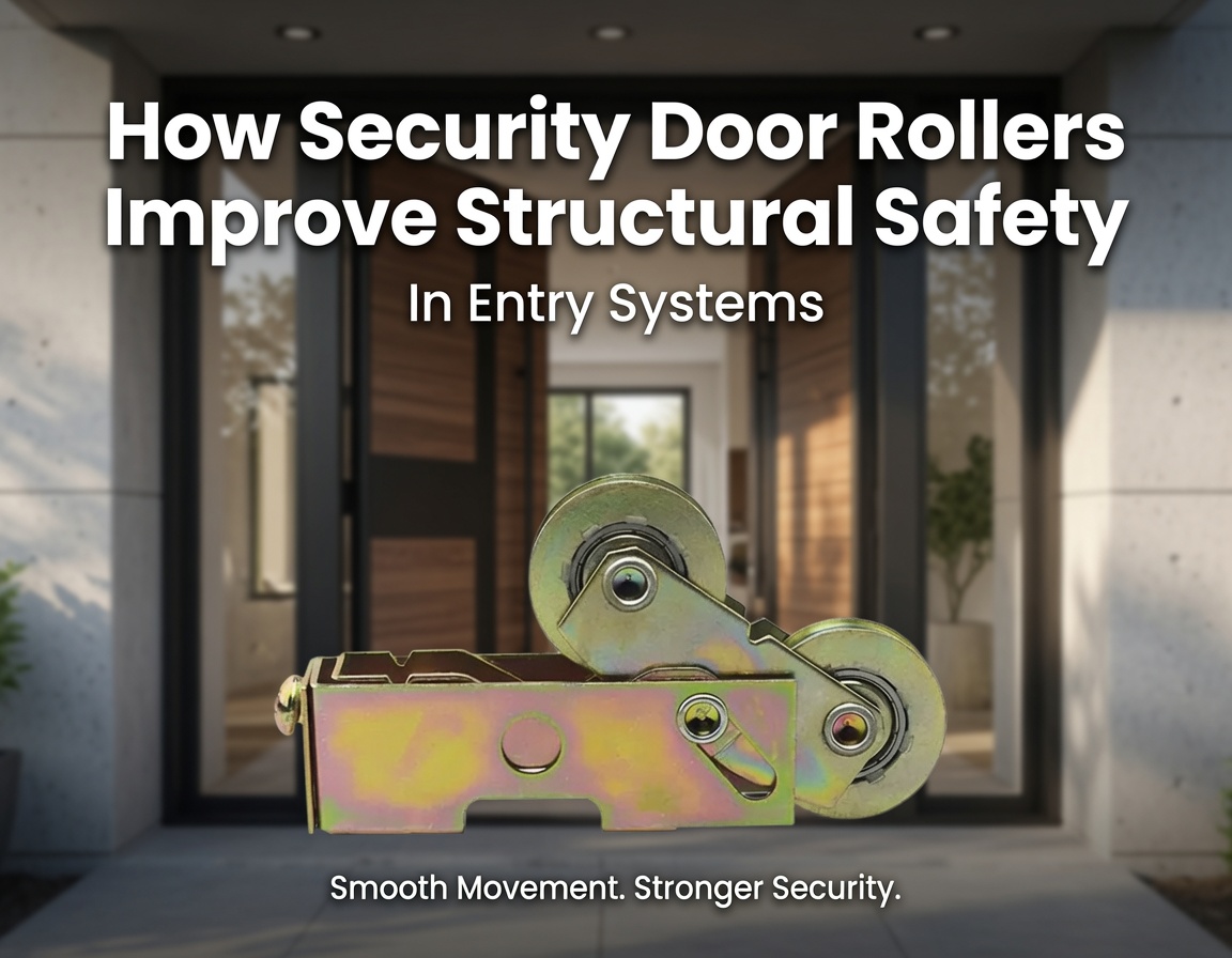 Close-up of dual-wheel security door rollers on a metal bracket, shown in front of a modern home entrance, supporting stable sliding and consistent frame alignment