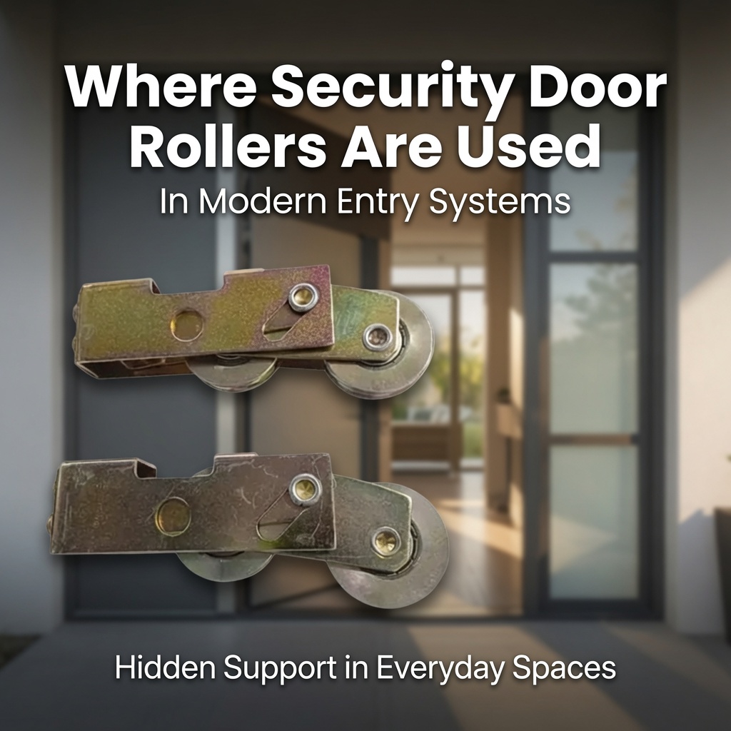 Security door rollers with dual wheels shown against a modern glass entry door for everyday smooth movement
