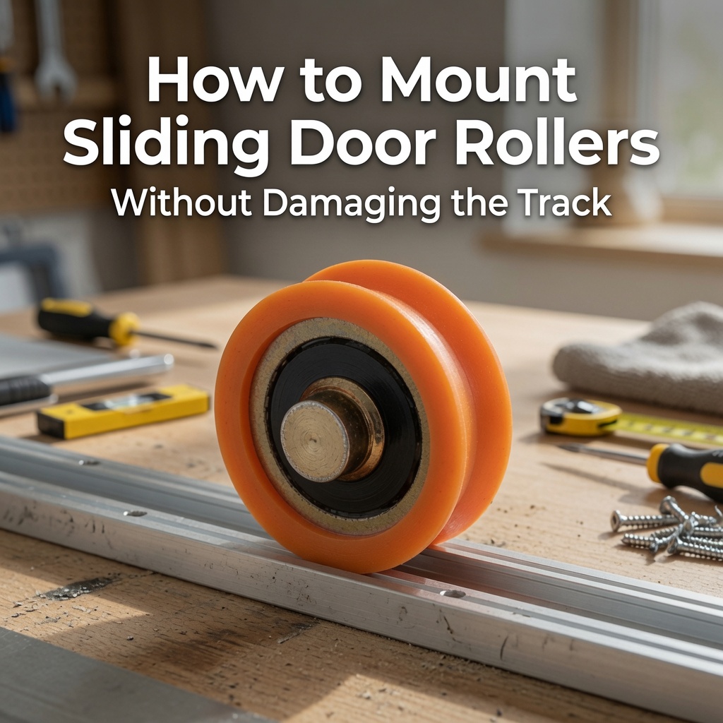 Sliding door roller with rubber wheel and bearing core placed on metal track during installation