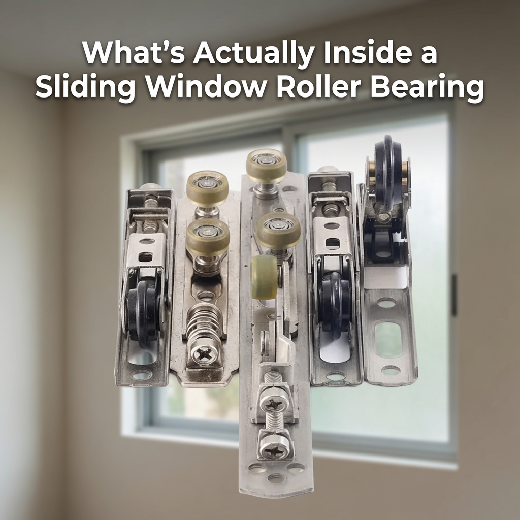 Sample sliding window roller bearings manufactured by Hune Pulley, featuring adjustable housings and precision wheel-axle assemblies for OEM and ODM projects.