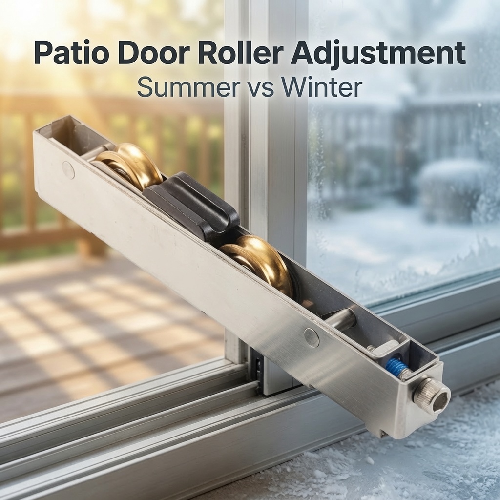 Patio door roller assembly showing adjustment screw for summer and winter seasonal settings