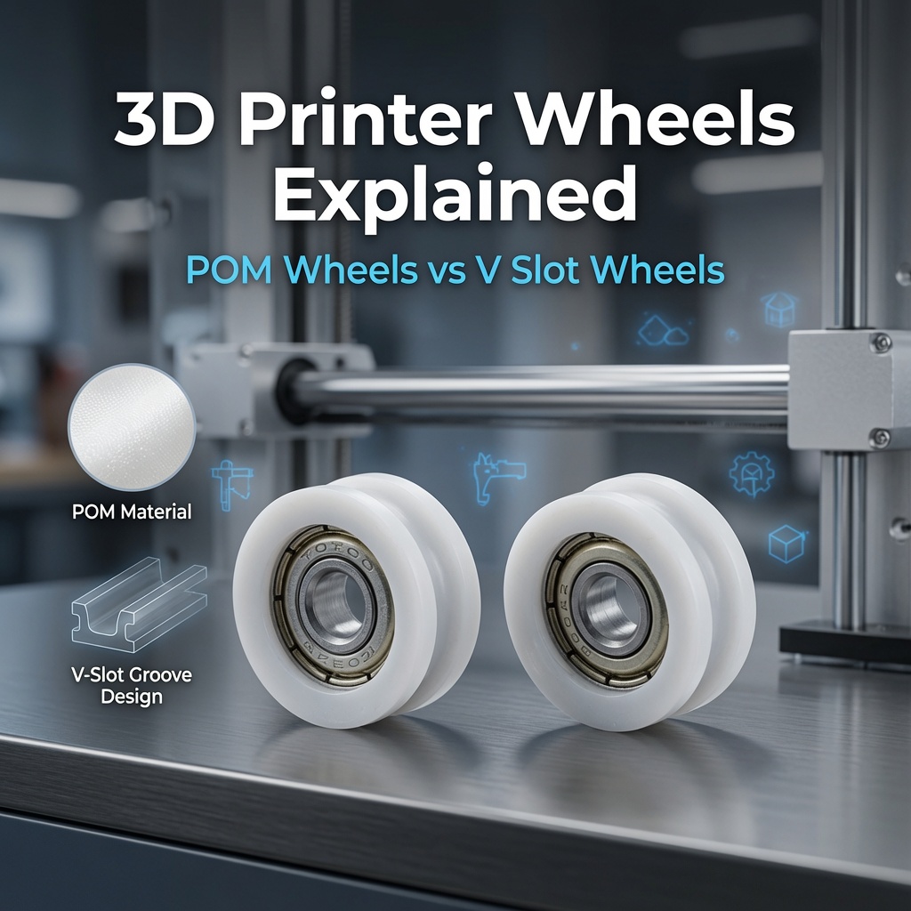 POM Wheels vs V-Slot Wheels for 3D printers showing POM material and V-groove design