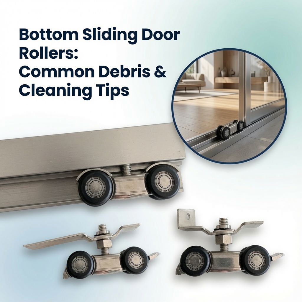 Bottom sliding door rollers showing debris and cleaning tips for smooth operation