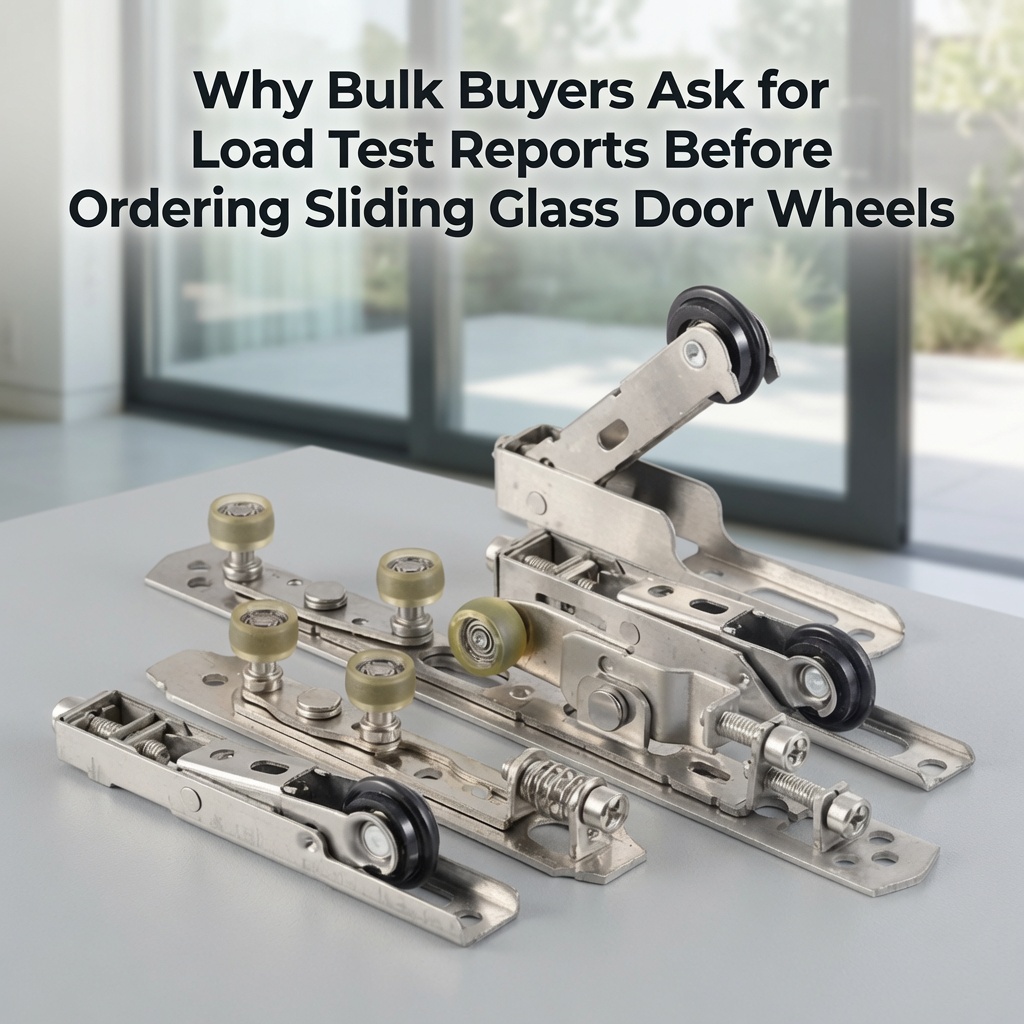 Stainless steel sliding glass door roller assemblies with nylon wheels on a worktable