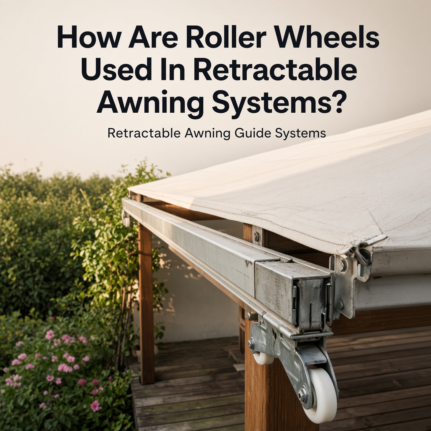 Side view of a retractable awning system showing the roller wheel that helps the canopy extend and retract smoothly