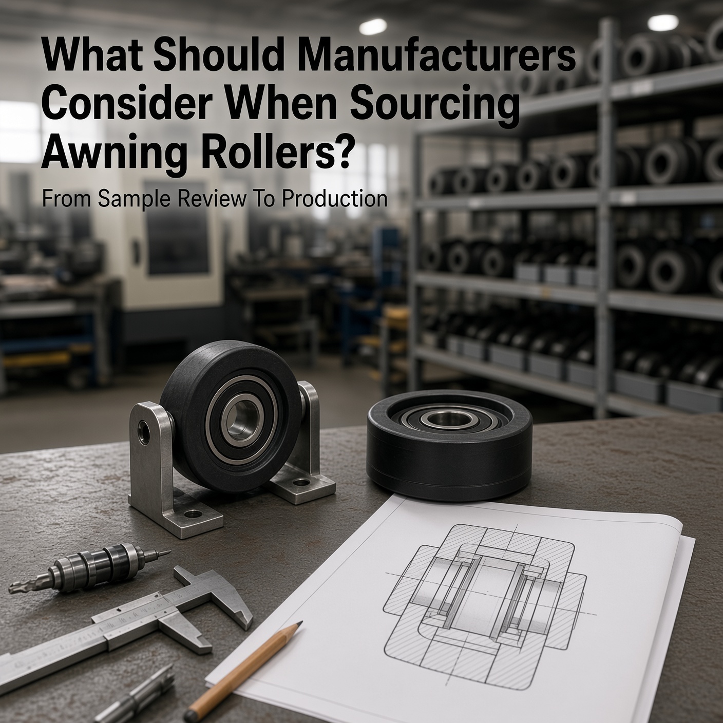 Quality inspection setup for awning roller samples, including a mounted roller, a loose roller, measuring tools, and a production drawing in a manufacturing plant
