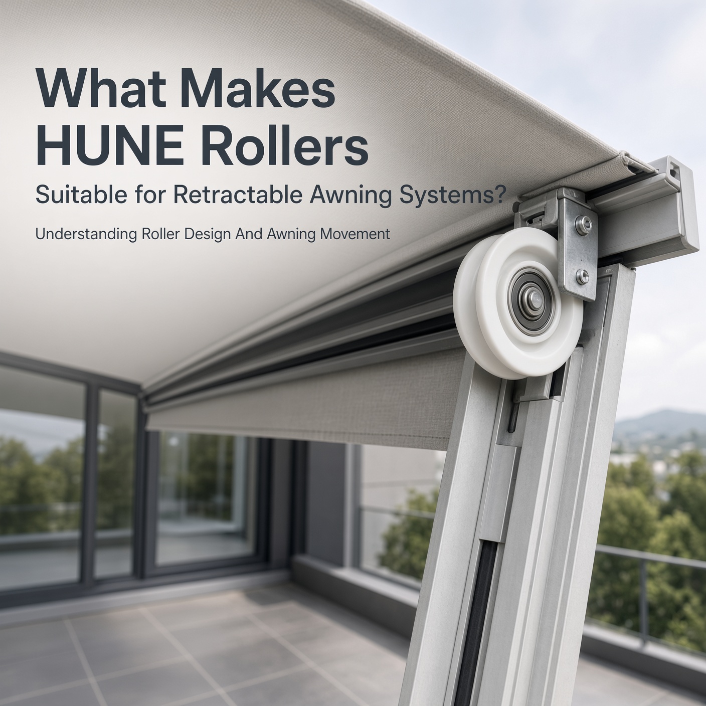White HUNE roller wheel mounted on aluminum frame of retractable awning system