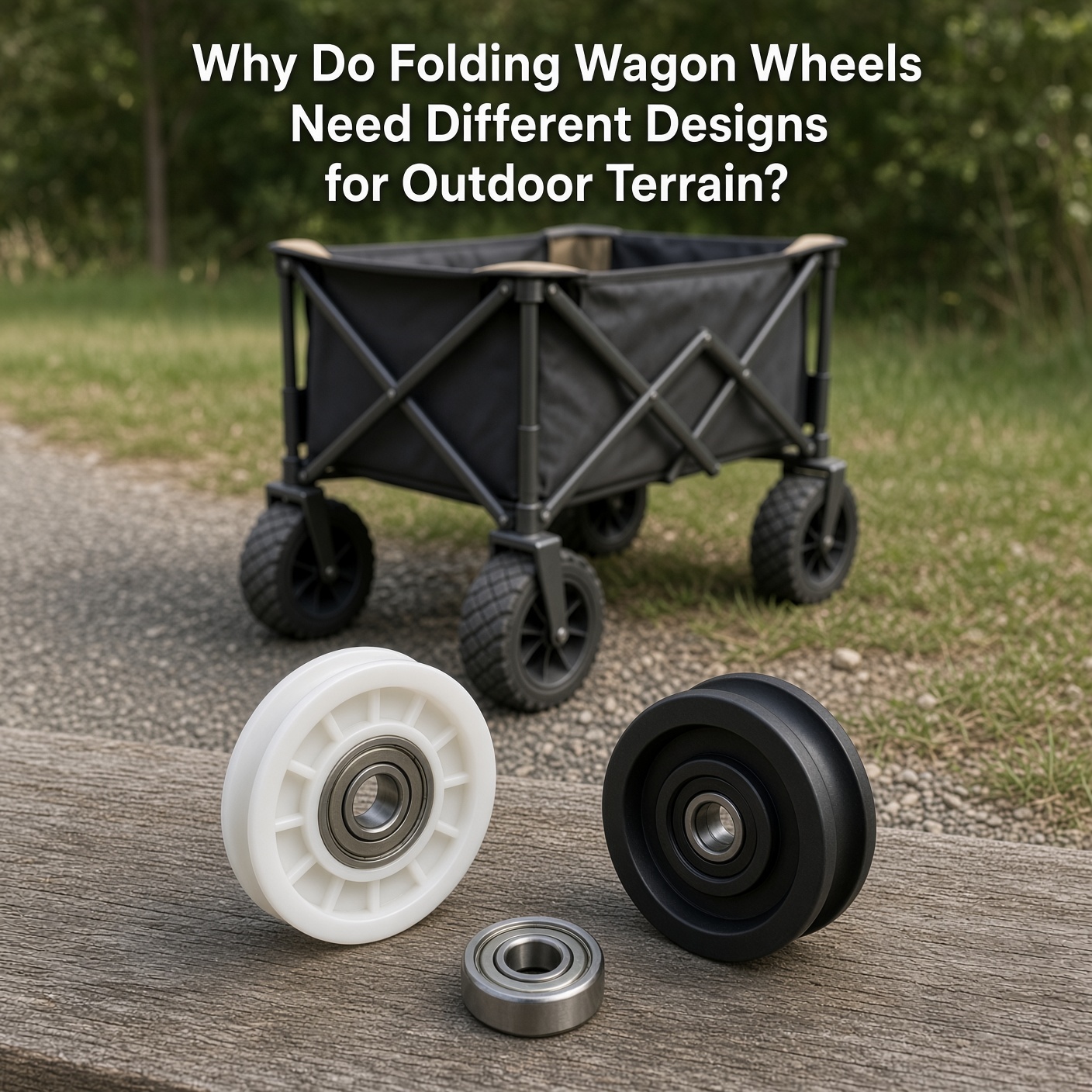 White plastic wheel, black rubber wheel and metal bearing for folding wagons shown outdoors