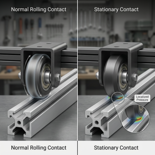 Normalmovementvsprolongedsustainedloading9-23 Side-by-side comparison of normal rolling contact and stationary contact on V-wheels with localized pressure zone