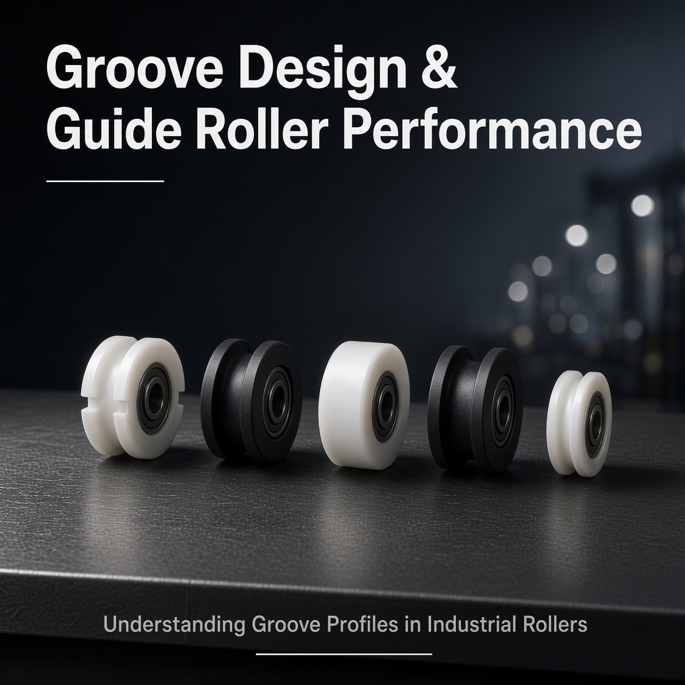 Industrial guide rollers with U-groove, V-groove and flat groove profiles for precision track guidance