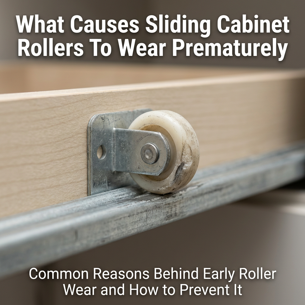 Close-up of a nylon roller wheel and metal bracket installed on a sliding cabinet drawer rail