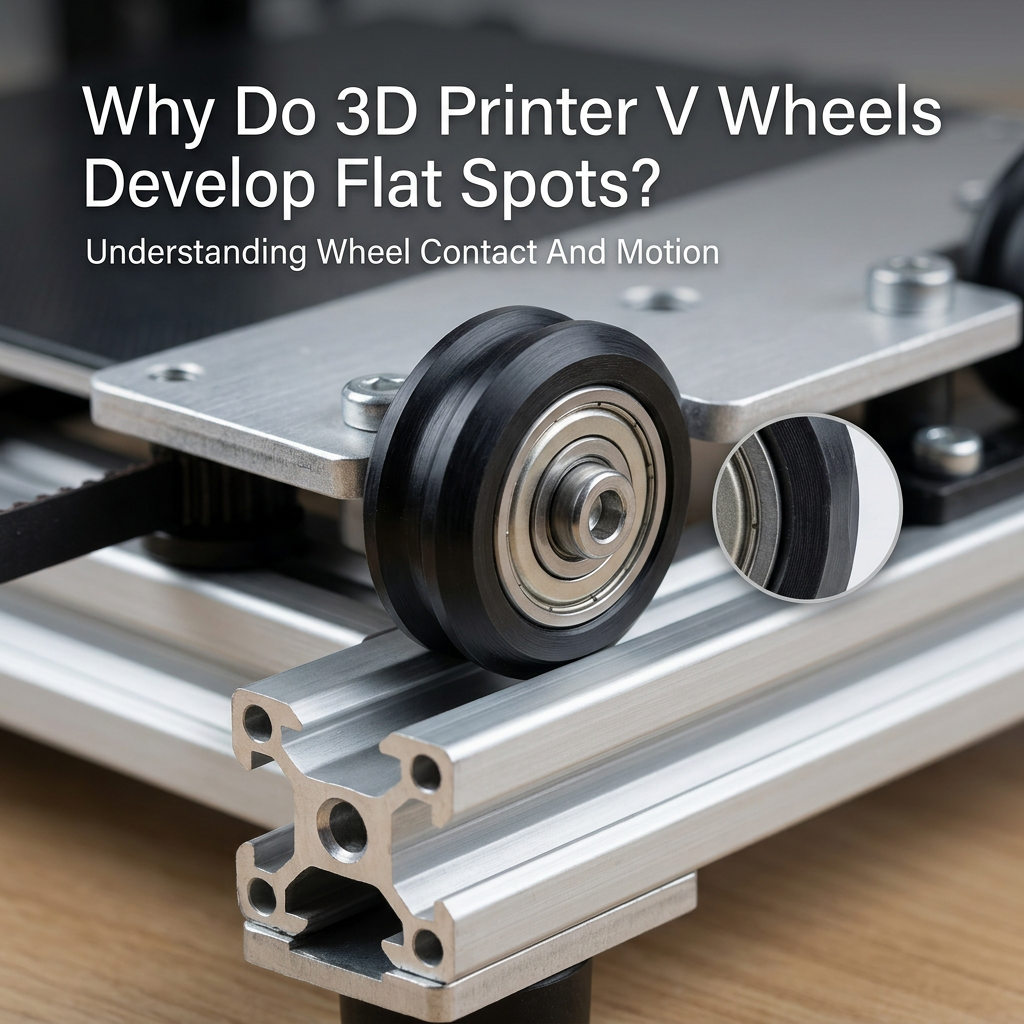 Close-up of a 3D printer V-wheel on aluminum extrusion showing a flat spot on the polyurethane surface