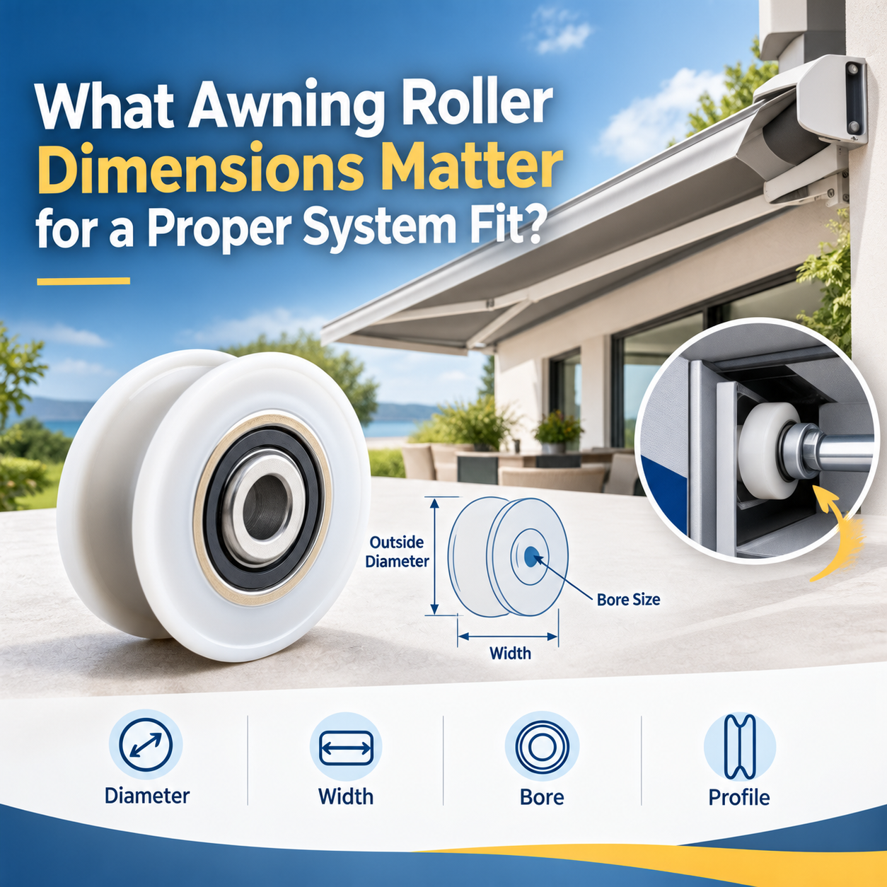 White awning roller with bearing and dimension diagram illustrating outside diameter, width and bore size for proper system fit