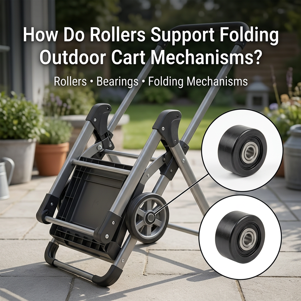 Folding outdoor utility cart with detailed views of its rollers and ball bearings that support the collapsible frame