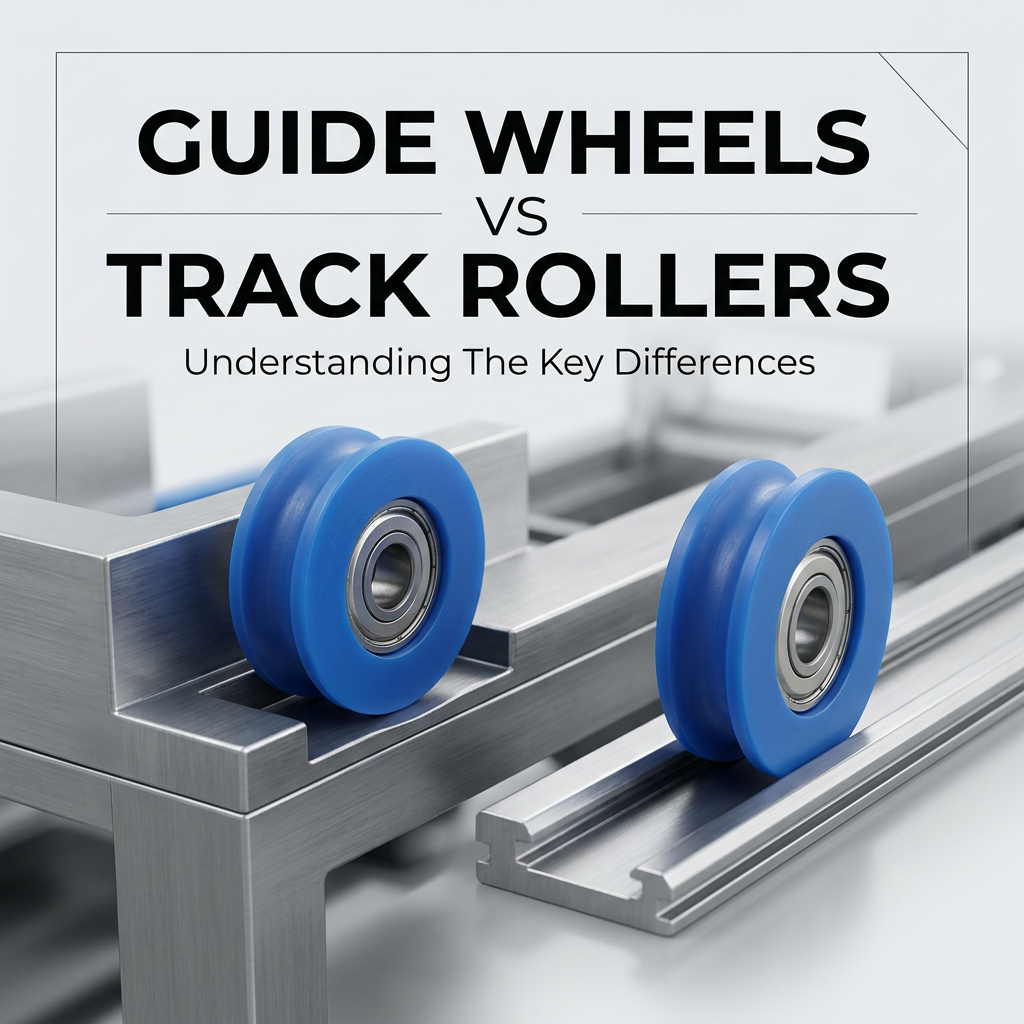 A custom guide roller assembly with a plastic wheel, metal bearing, and steel mounting shaft