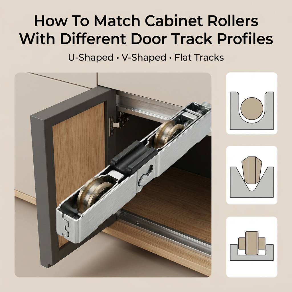 Sliding cabinet door with metal roller hardware and three track profile icons for roller matching